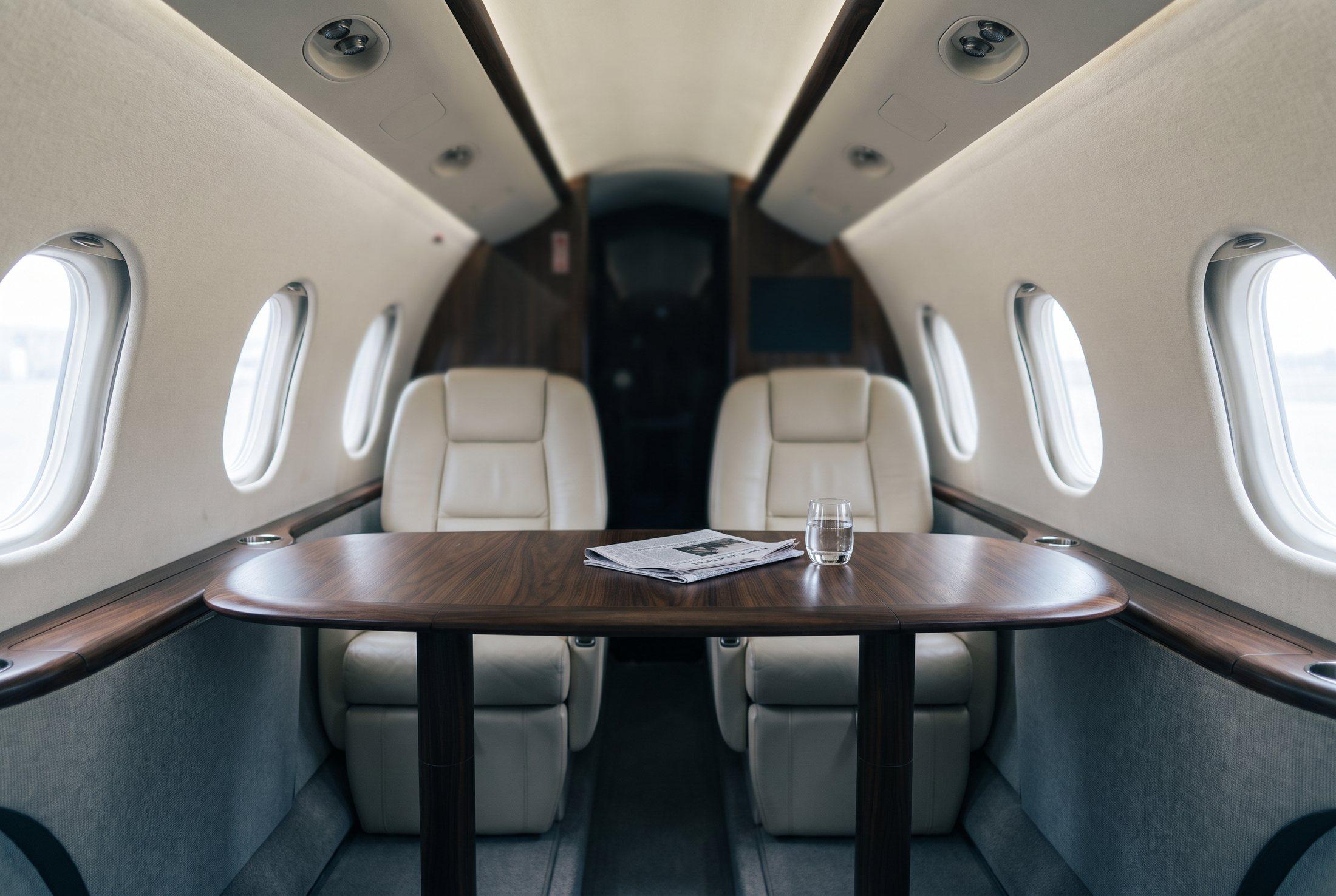 Interior detail of a business jet cabin, in black and white